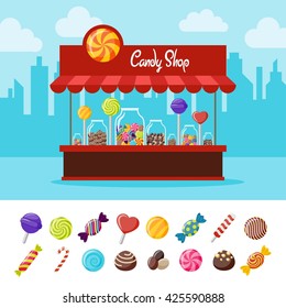 Sweet candy flat composition with different lollipops and sweets. vector illustration