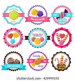 Sweet candy flat emblem or round logos in different colors with different sweets inside with ribbons vector illustration