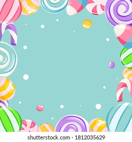 Sweet, candy frame, background. Candy shop concept. Vector illustration in flat style.