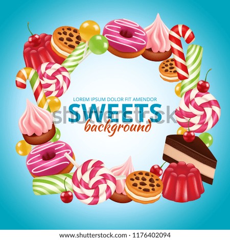 Sweet candy frame. Lollipop round and twisted shop colored dulce vector background realistic pictures. Candy and lollipop, spiral caramel colorful, dessert snack bonbon illustration