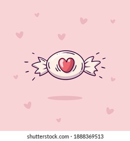 Sweet candy with heart on wrapper in doodle style on pink background with hearts