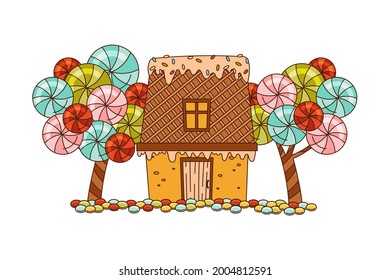 Sweet Candy House of Cookie Dough with Sugar Glaze and Lollipop Tree as Shaped Baked Confectionery Vector Illustration