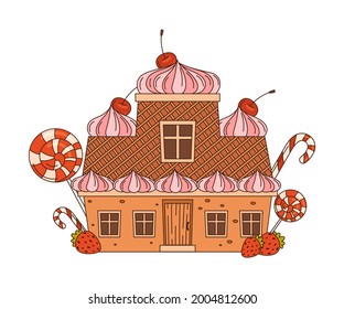 Sweet Candy House of Cookie Dough with Marshmallow Souffle and Lollipops as Shaped Baked Confectionery Vector Illustration