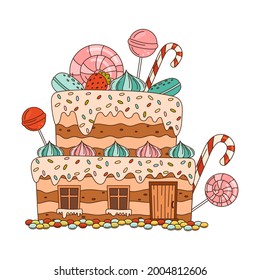 Sweet Candy House of Cookie Dough with Sugar Glaze and Lollipop as Shaped Baked Confectionery Vector Illustration