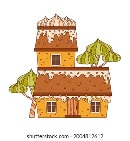 Sweet Candy House of Cookie Dough with Sugar Glaze and Marshmallow Souffle as Shaped Baked Confectionery Vector Illustration