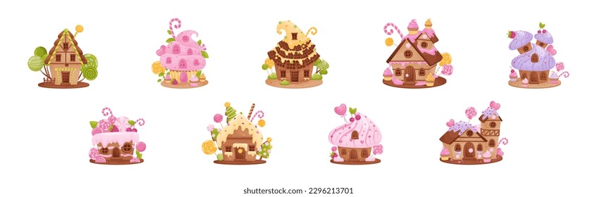 Sweet Candy House Made of Cookie Dough as Shaped Baked Confectionery Vector Set
