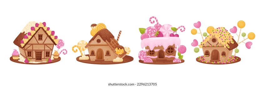 Sweet Candy House Made of Cookie Dough as Shaped Baked Confectionery Vector Set