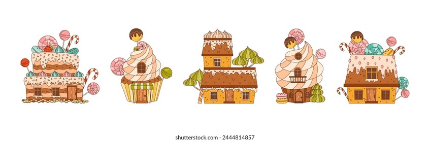 Sweet Candy House of Pastry and Sugary Glazing Vector Set