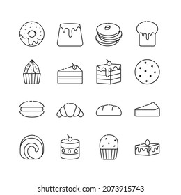 Sweet candy icon set, black outline, 16 icons, isolated background, vector, illustration.