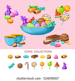 Composición de conjunto de iconos dulces con caramelos colocados en placas y en grupos ilustración vectorial