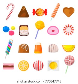 Sweet candy icon set. Sweet food, bonbon made from sugar or chocolate, candies for kids party and fest. Vector flat style cartoon candy illustration isolated on white background