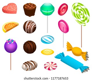 Sweet candy icon set. Isometric set of sweet candy vector icons for web design isolated on white background