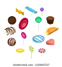 Sweet candy icon set. Isometric set of sweet candy vector icons for web design isolated on white background