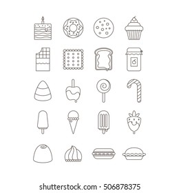 Sweet and candy icon set. Made in line style.