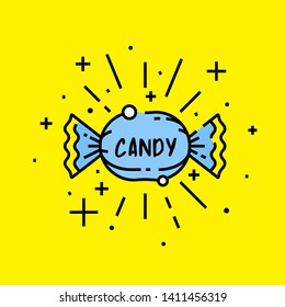 Sweet Candy Icon. Sugar Treat Wrapper Symbol Isolated On Yellow Background. Vector Illustration.