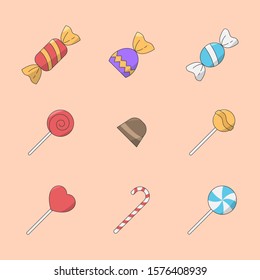Sweet candy Icons set - Vector color symbols of lollipop, caramel, chocolate and sugar for the site or interface