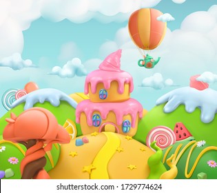 Dulce tierra de caramelos. 3d fondo vectorial. Ilustración artística plastica