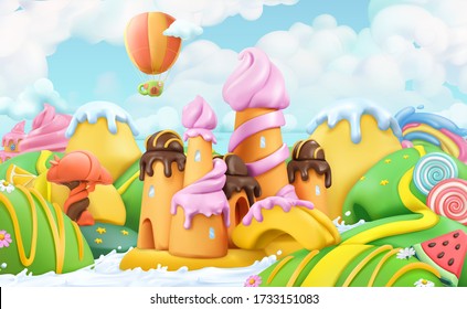 Sweet candy land. 3d vector cartoon background. Plasticine art illustration