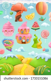 Sweet candy land. 3d vector object set. Plasticine art illustration