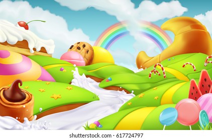 Sweet candy land. 3d vector illustration. Cartoon game background