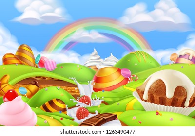 Sweet candy land. Cartoon game background. 3d illustration vector