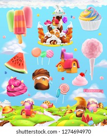 Sweet candy land, cartoon game background. 3d vector set