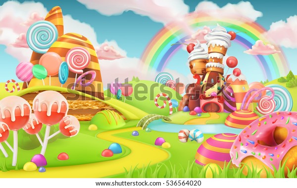 Sweet candy land. Cartoon game background.\
3d vector illustration