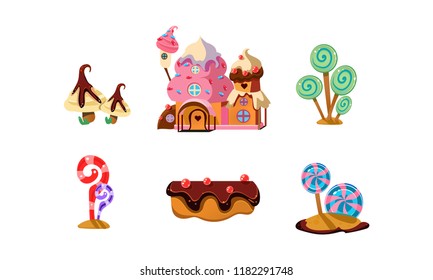 Sweet candy land, cute cartoon elements of fantasy landscape for mobile game design interface vector Illustration on a white background