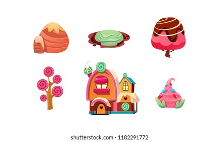 Sweet candy land, cute cartoon fantasy elements for mobile game design interface, sweet plants, trees, gingerbread house vector Illustration on a white background