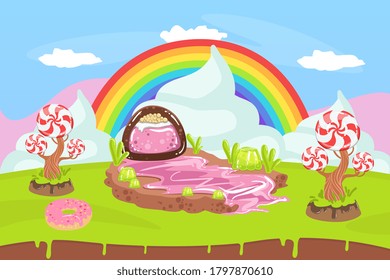 Süßes Candy Land, Fantasy Landschaft mit Regenbogen, Desserts und Sweets Vektor Illustration