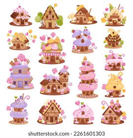 Dulces mangueras de tierra de caramelos.Cuidada casa de galletas de fantasía y castillo con techo cremoso rosa decorado con dibujos animados de lollipops ilustración vectorial