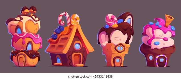 Süße Süßigkeiten Landhäuser aus Kuchen und Keks, Schokolade, Eis und Beere. Cartoon Vektor Illustration Set von niedlichen Fantasy Dessert Haus für Candyland Design. Fantastische Süßwaren