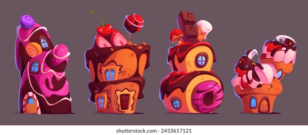 Dulces dulces casas de tierra hechas de pastel y galletas, chocolate y piruleta, helado y bayas. Conjunto de ilustración vectorial de dibujos animados de casa de postre de fantasía lindo para el diseño de candyland. Confitería fantástica