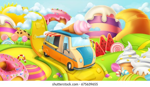 Sweet Candy Land. Ice Cream Truck. 3d Vector Background