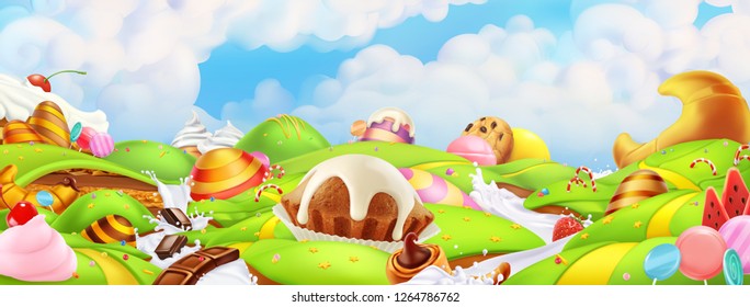 Sweet candy land. Panorama landscape, vector background