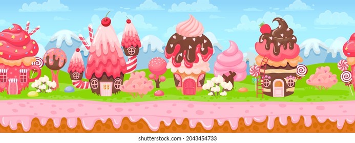 Sweet candy land seamless panorama for game background. Cartoon magic world with cake houses, pink cream and caramel trees vector landscape. Melted chocolate topping, homes with creamy roof