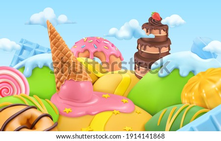Sweet candy landscape. 3d cartoon vector background