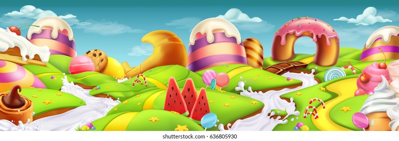 Sweet candy landscape panorama. 3d vector background