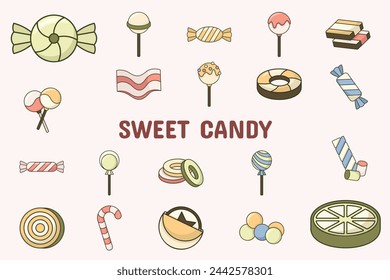 Dulce Caramelo Lineal Color Vector Ilustración Icono Pegatina Set Diseño Materiales