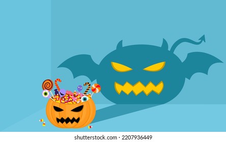 Sweet candy lollipop dessert in cute orange pumpkin basket with spooky evil devil monster Halloween shadow on dark blue wall. Decoration for Autumn Halloween holiday celebration. Vector illustration