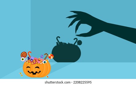 Sweet candy lollipop dessert in cute orange pumpkin basket with spooky evil devil monster hand shadow onto blue wall. Decoration for Autumn Halloween holiday celebration. Vector illustration.