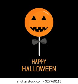 Sweet candy lollipop with pumpkin face. Black bow. Happy Halloween card. Flat design Vector illustration
