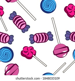 Sweet candy lollipops and wrapped chocolates. Vector seamless illustration.