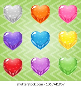 Sweet candy match3 Heart block puzzle button glossy jelly. 2d asset for user interface GUI in mobile application or casual video game. Vector for web or game design. Decorative GUI elements, Cartoon