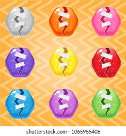 Sweet candy match3 Hexagon broken block puzzle button glossy jelly. 2d asset for user interface GUI in mobile application or casual video game. Vector for web or game design. Decorative GUI elements