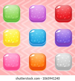 Sweet candy match3 Square block puzzle button glossy jelly. 2d asset for user interface GUI in mobile application or casual video game. Vector for web or game design. Decorative GUI elements, Cartoon