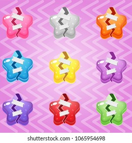 Sweet candy match3 Star broken block puzzle button glossy jelly. 2d asset for user interface GUI in mobile application or casual video game. Vector for web or game design. Decorative GUI elements