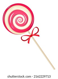 Sweet candy on stick. Realistic round swirl lollipop, striped delicious caramel, sugar kids dessert, yummy bonbon colourful fruit confectionery, vector isolated single element