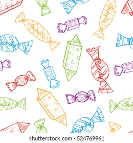 Sweet Candy Pattern. Hand-drawn Sketch Vector Illustration. Ideal Hand Drawing Celebration Seamless Doodles Design for Birthday, New-Year, Christmas, Valentine's, Party, Print, Wrapping, Wallpaper.