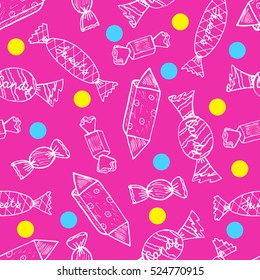 Sweet Candy Pattern. Hand-drawn Sketch Vector Illustration. Ideal Drawing Seamless Doodles Design for Birthday, New-Year, Christmas, Valentine's, Party, Print, Congratulations Wrapping, Wallpaper.